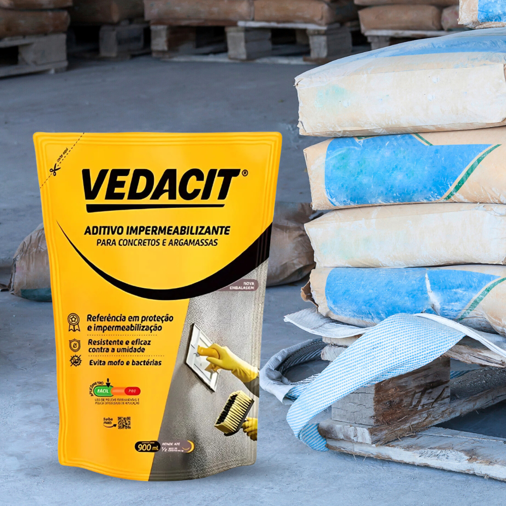 Aditivo Plastificante VEDACIT 900 Ml Vedalit Pouch Concretos Argamassa Reboco Fácil Aplicação Proteção Obra Parede