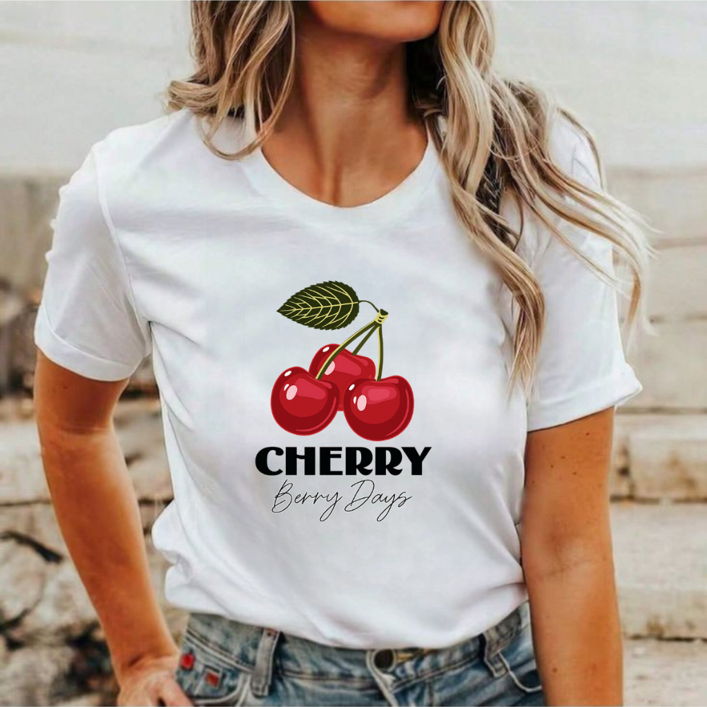 Camiseta Algodão Feminina Estampada Camisa Básica Cereja Cherry Delicada Confortável