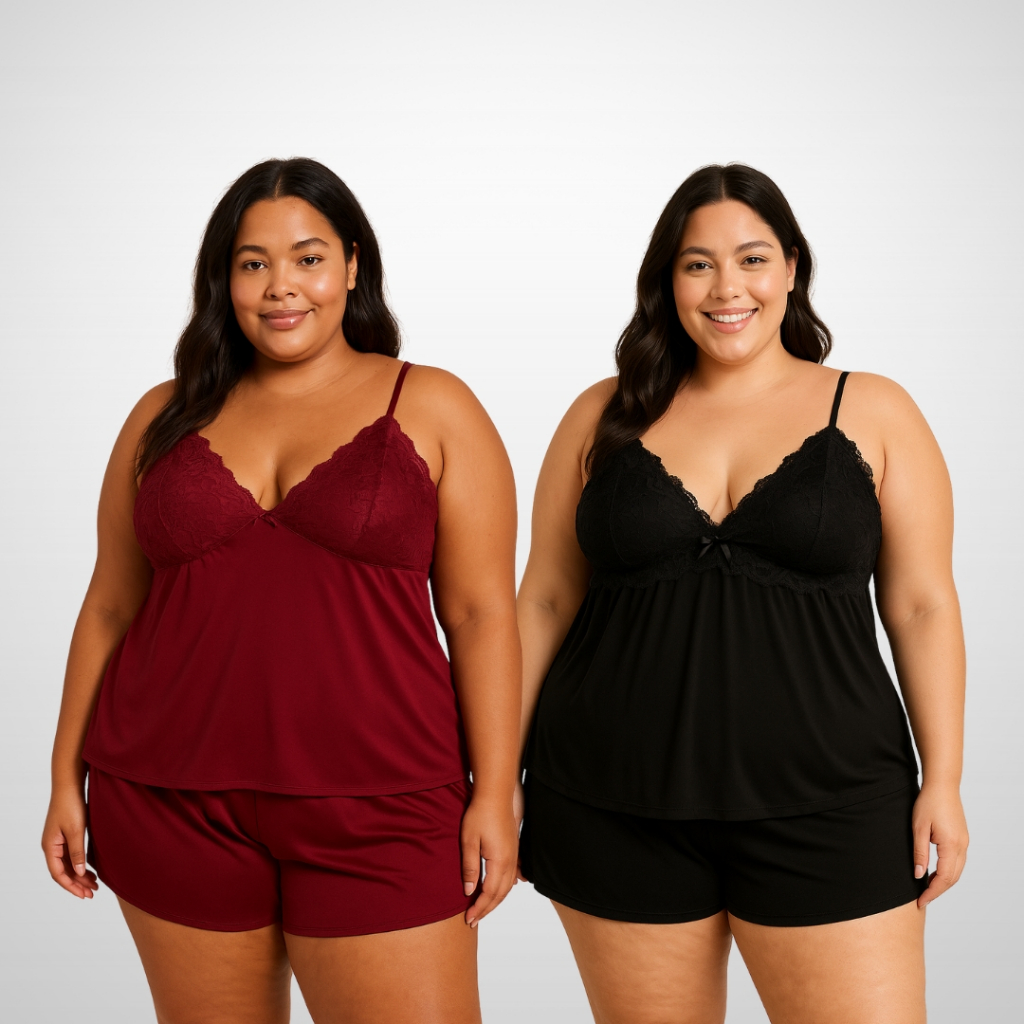 Kit 2 Pijamas Babydoll XGG Feminino de Malha com Renda no Busto e Short 46 ao 52