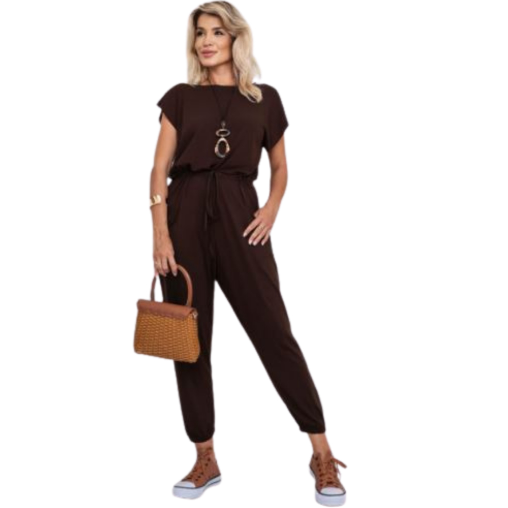 Macacão Feminino com Cintura Amarração e Bolso Manga Curta Estampado Soltinho