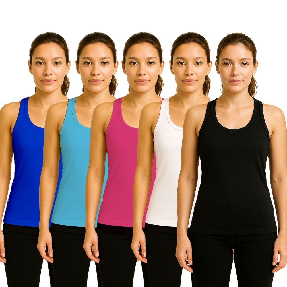KIT 5 Camiseta Feminina Regata Nadador 100% Poliéster Leve Confortável Verão