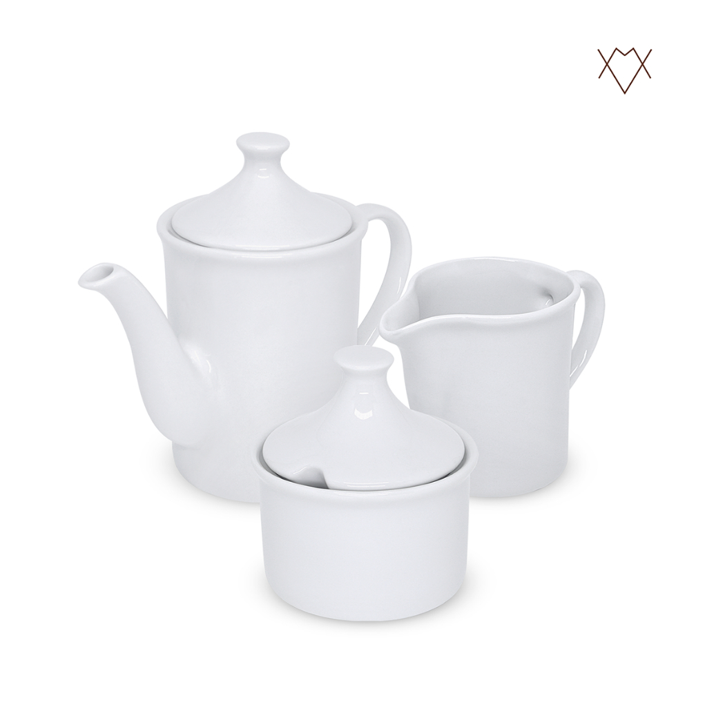 Kit Café Chá com Bule 650ml Leiteira 350ml e Açucareiro 250ml Porcelana Branca Louça