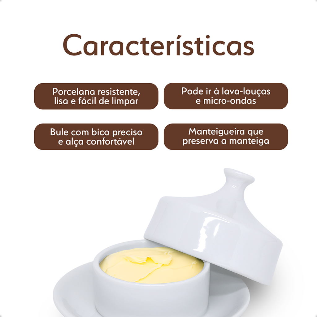 Detalhes do Kit Chá Café Bule Leiteira Açucareiro Manteigueira Porcelana Mesa Posta