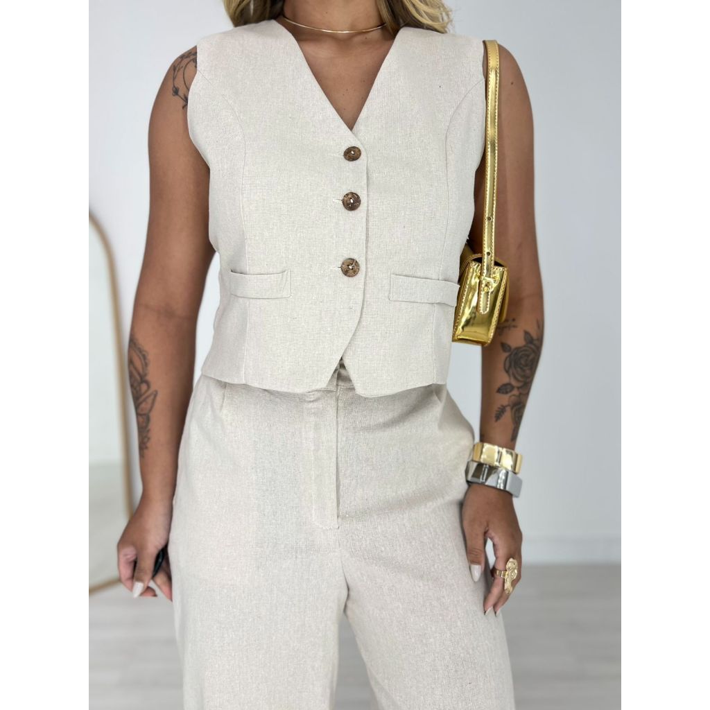 Conjunto Feminino Longo 2 Peças Blusa e Calça Linho em Oferta na Shopee