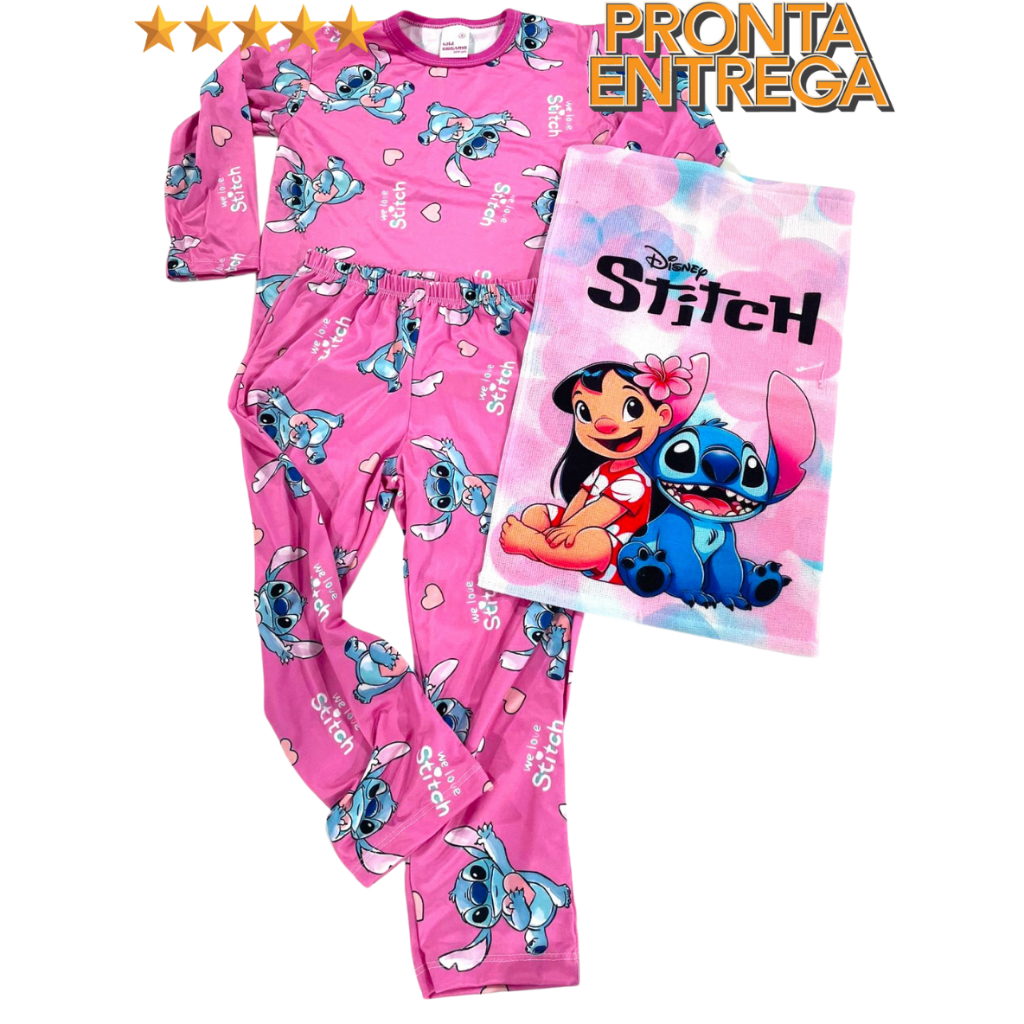 Pijama infantil STITCH ROSA manga Longa Personagem em Malha