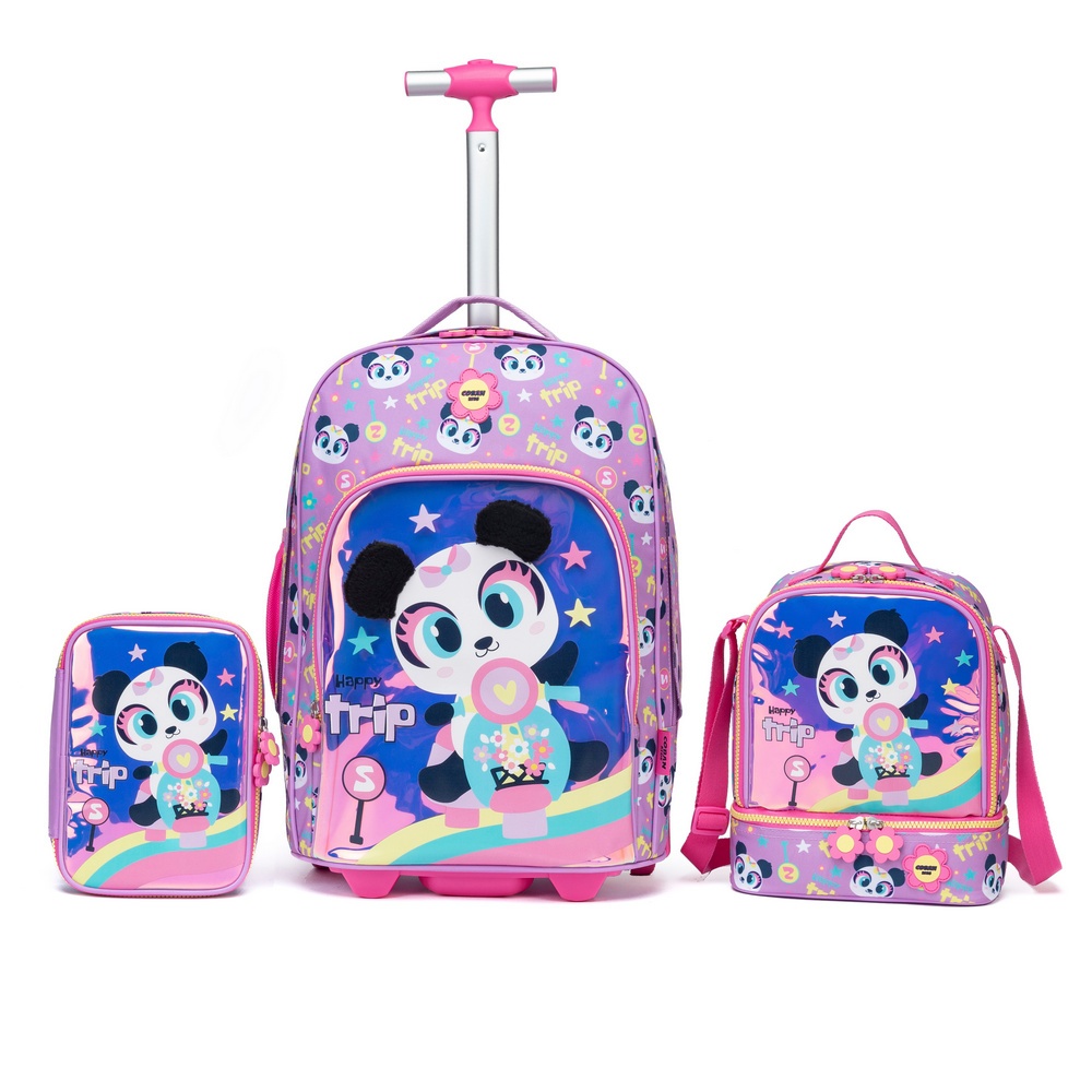 Kit Mochila de Rodinha Menina Infantil + Estojo + Lancheira Escolar Coban
