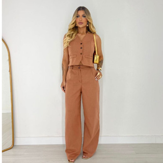 Conjunto Linho Feminino 2 Peças Casual Longo Elegante Social Blusa e Calça em Oferta na Shopee