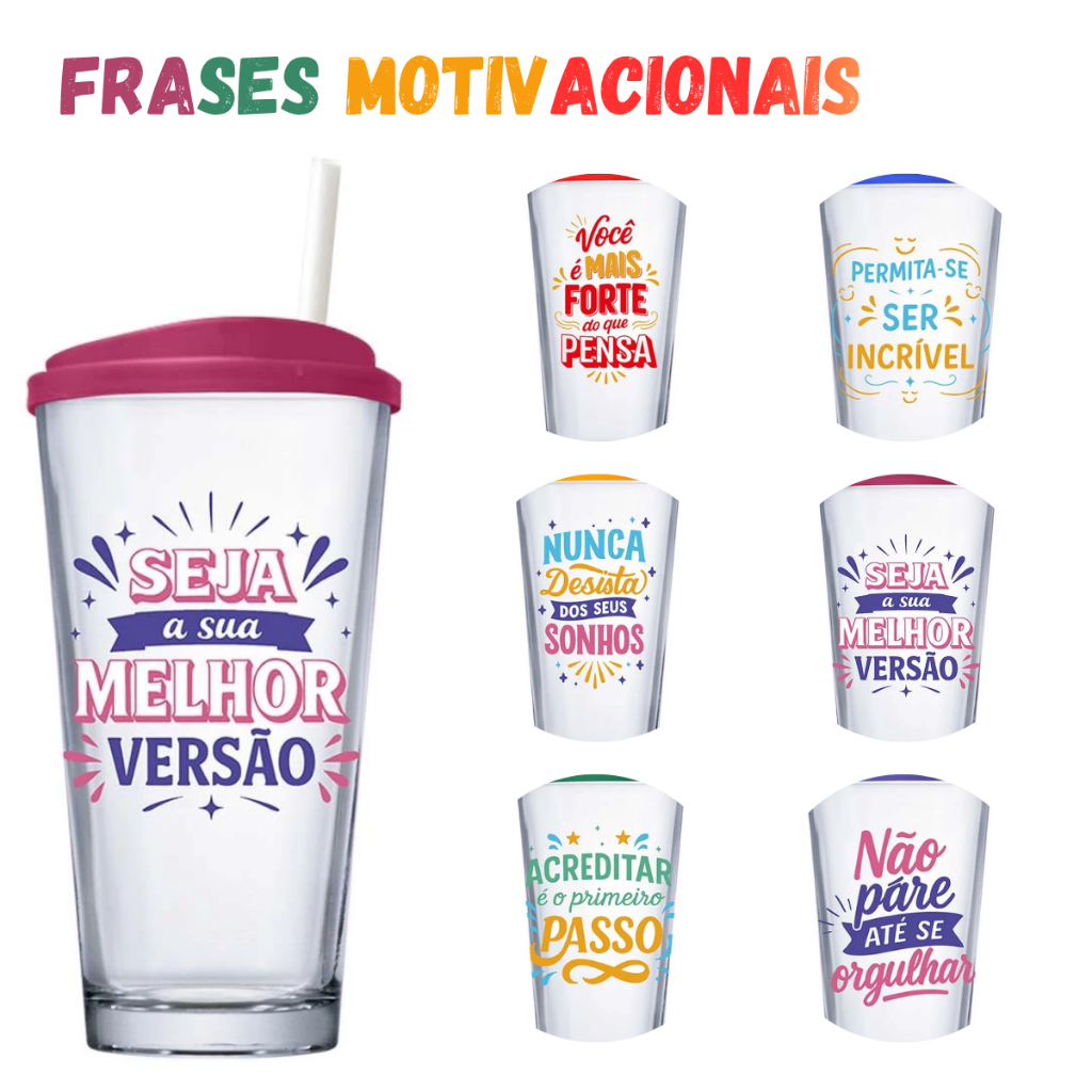 Copo de Vidro Com Canudo Conic Mix To Go Frase Motivacional Diversas Melhor Versão 415ml - Ruvolo