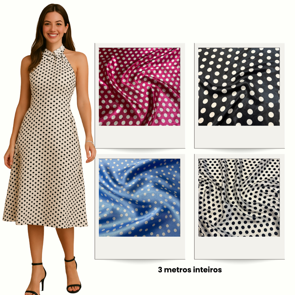 3 Metros - Tecido Cetim Estampado Bolinhas 1,40m Para Vestidos e saias de cetim