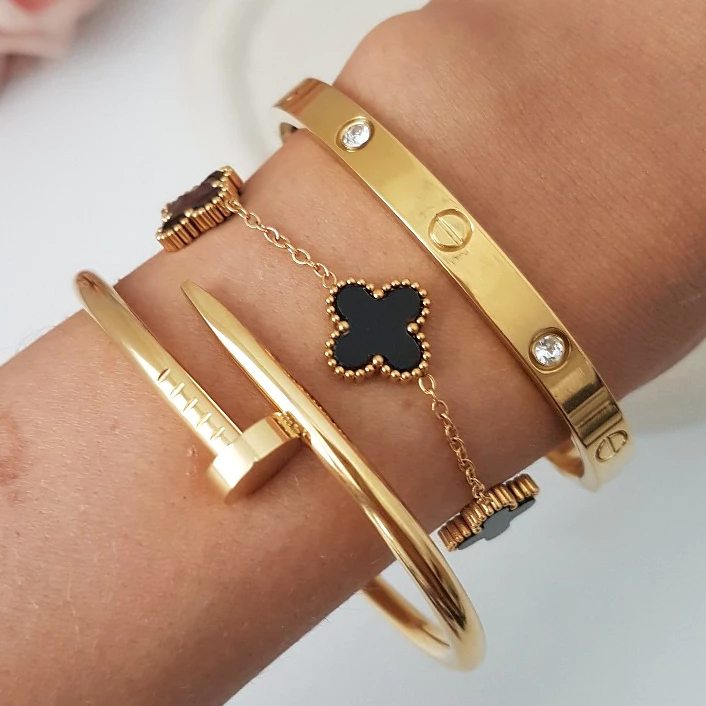 Conjunto 2/3 Braceletes Aço inoxidável Dourado Prata Acessórios Femininos Virginia Moda KIT Pulseira