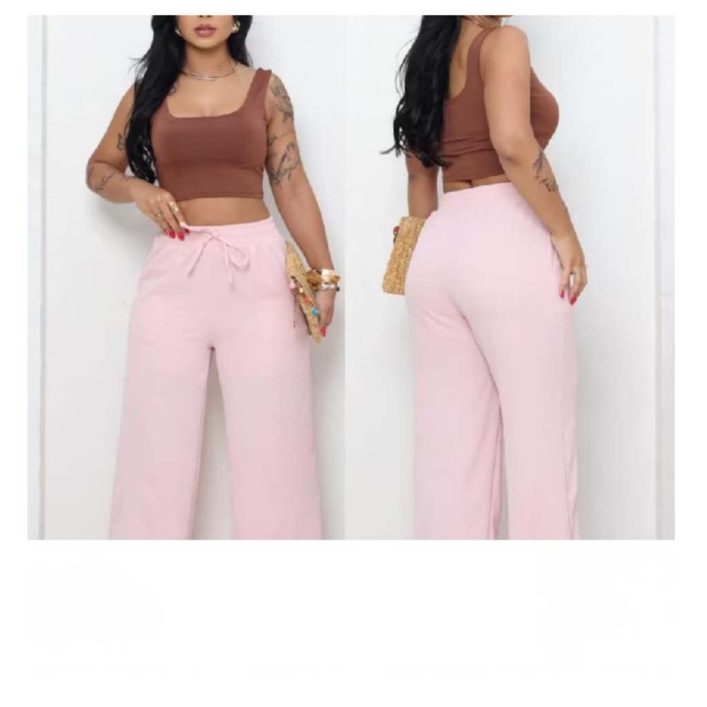 Calça Pantalona Duna Cintura Alta Com Elastico tem bolsos na Frente Não tem Forro