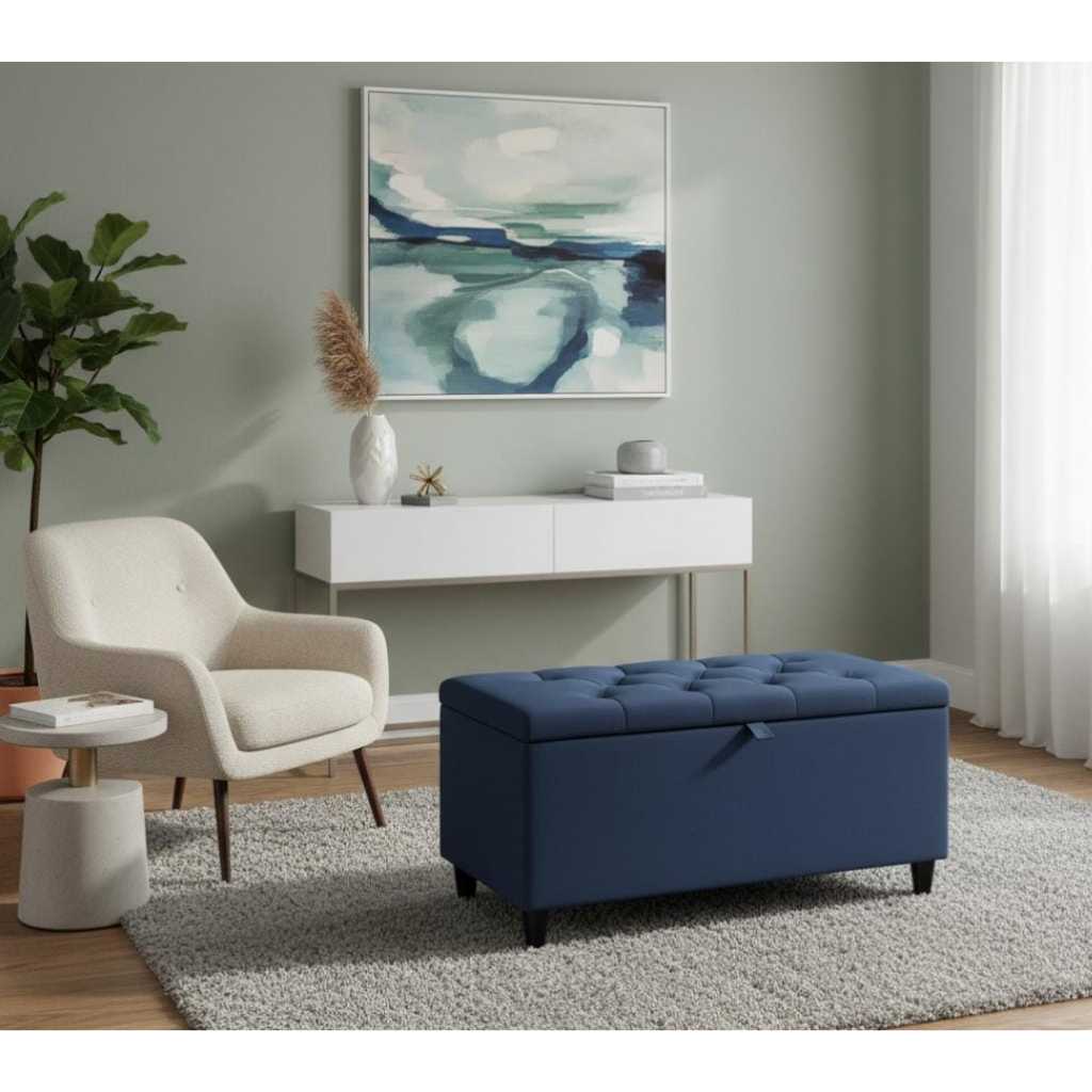 Puff Baú pé de cama 90 cm no Sued Capitone (Porta Objetos e Brinquedos)