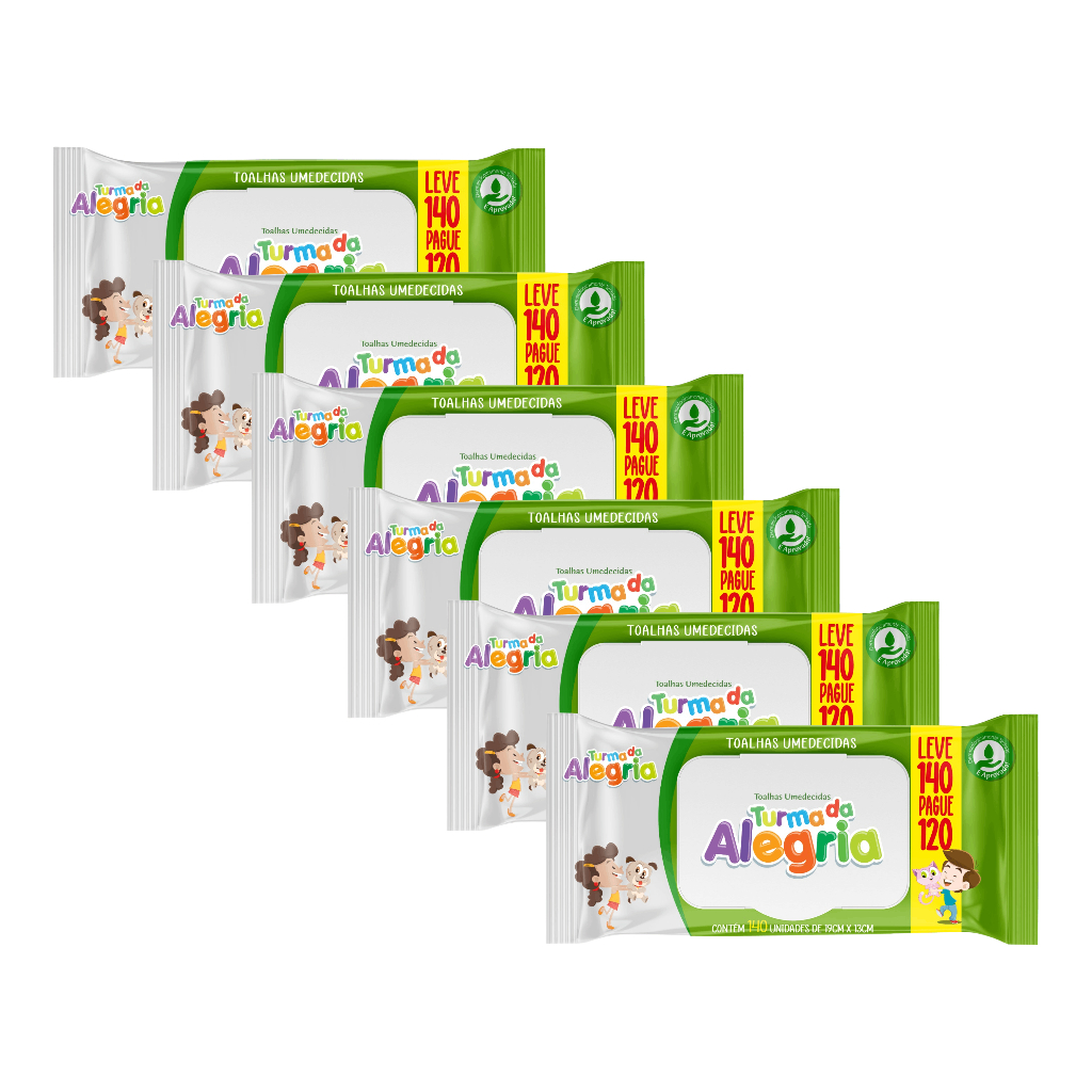 Kit C/6 Toalha Umedecida Turma da Alegria  Leve 140 Pague 120 Total 840 unidades
