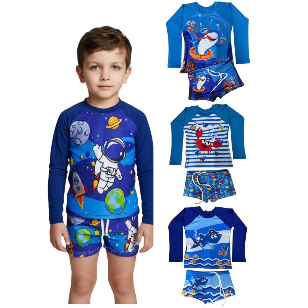Kit Banho Conjunto Infantil Moda Praia Menino Verão Blusa Camisa Proteção Solar Uv50 Sunga Infantil em Oferta na Shopee