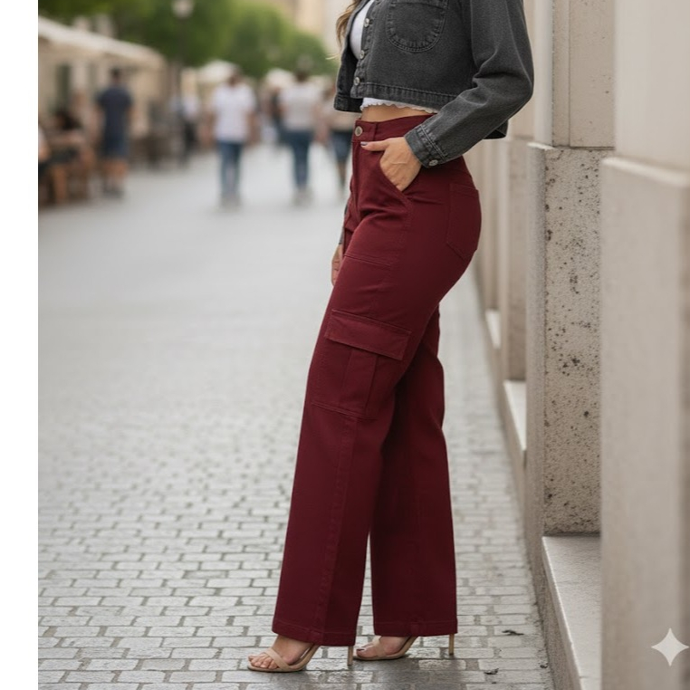 Calça Cargo jeans  feminina tem bolsos com ziper 2023 nova em Oferta na Shopee