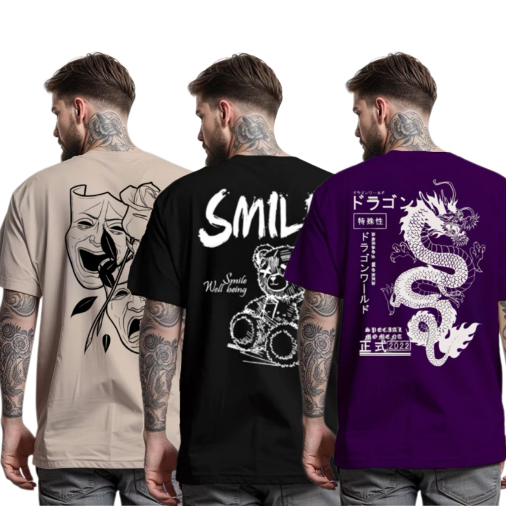 Kit 3 Camisetas Masculinas Estampada Streetwear Algodão Fio 30.1 (Disponível em Diversas Cores)