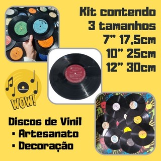 Kit c/ Discos de Vinil p/ Artesanato e/ou Decoração - 03 Tamanhos 7" 17,5cm, 10" 25cm e 12" 30cm