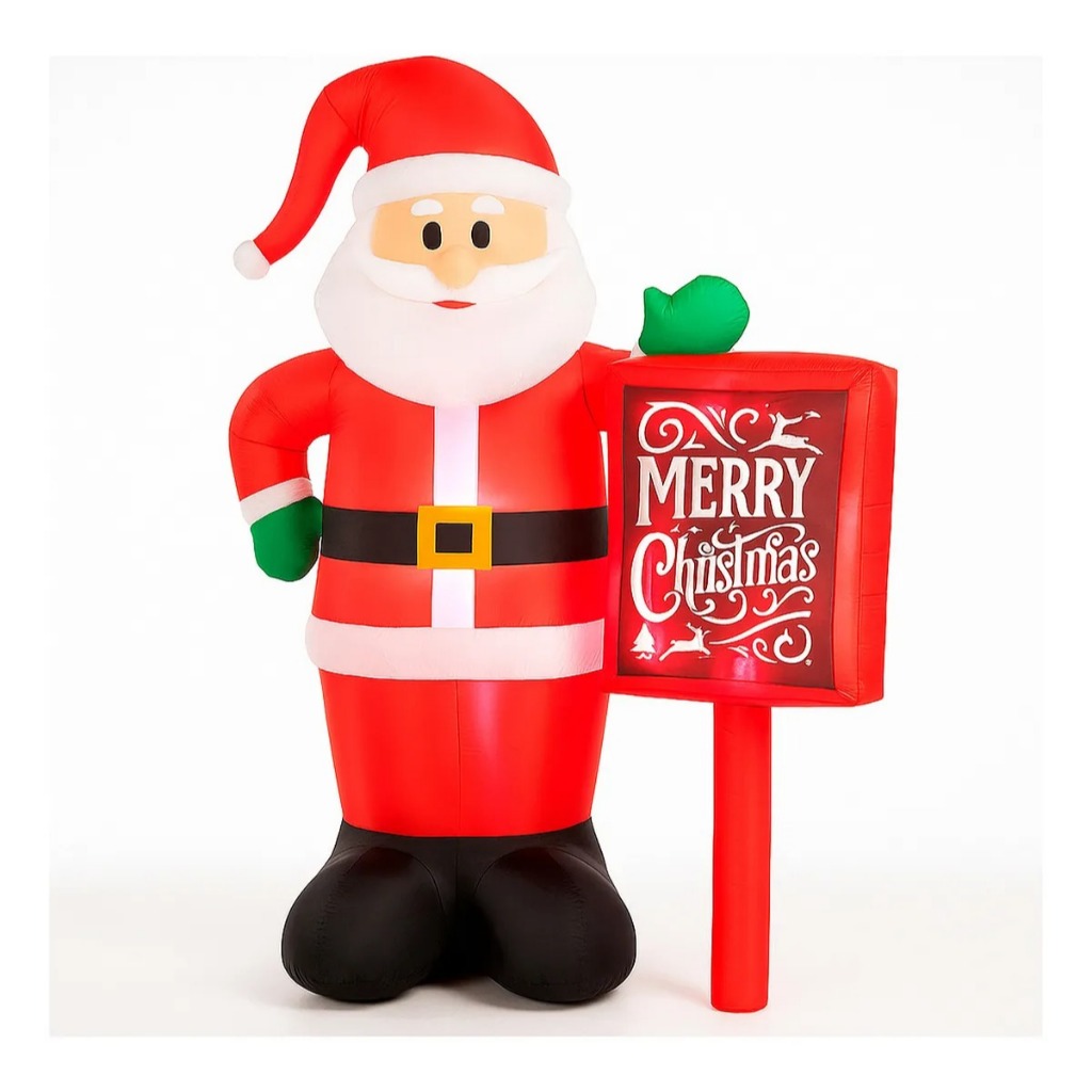 Papai Noel Inflável 1,8m Em Pé Placa Merry Christmas Iluminação LED Bivolt Natal