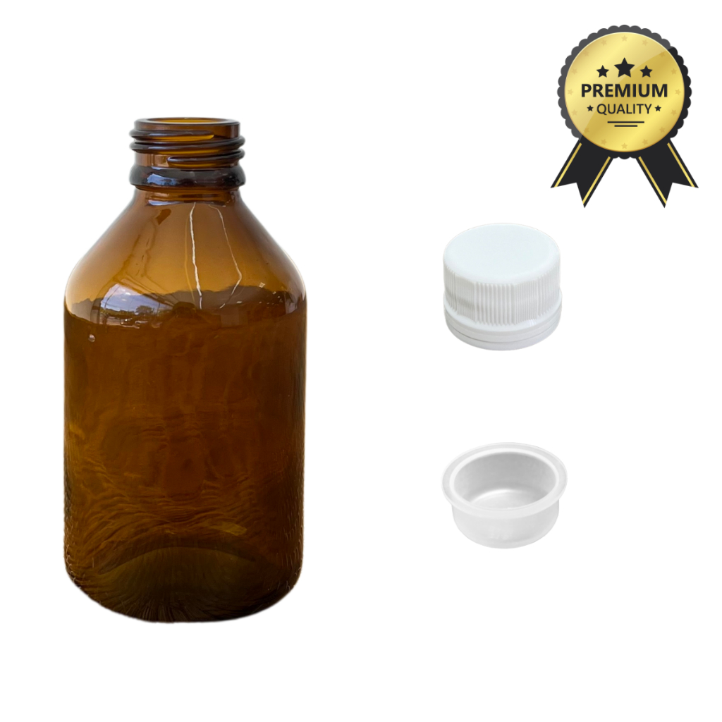 KIT FRASCO DE VIDRO AMBAR 100ML COM TAMPA BRANCA E BATOQUE