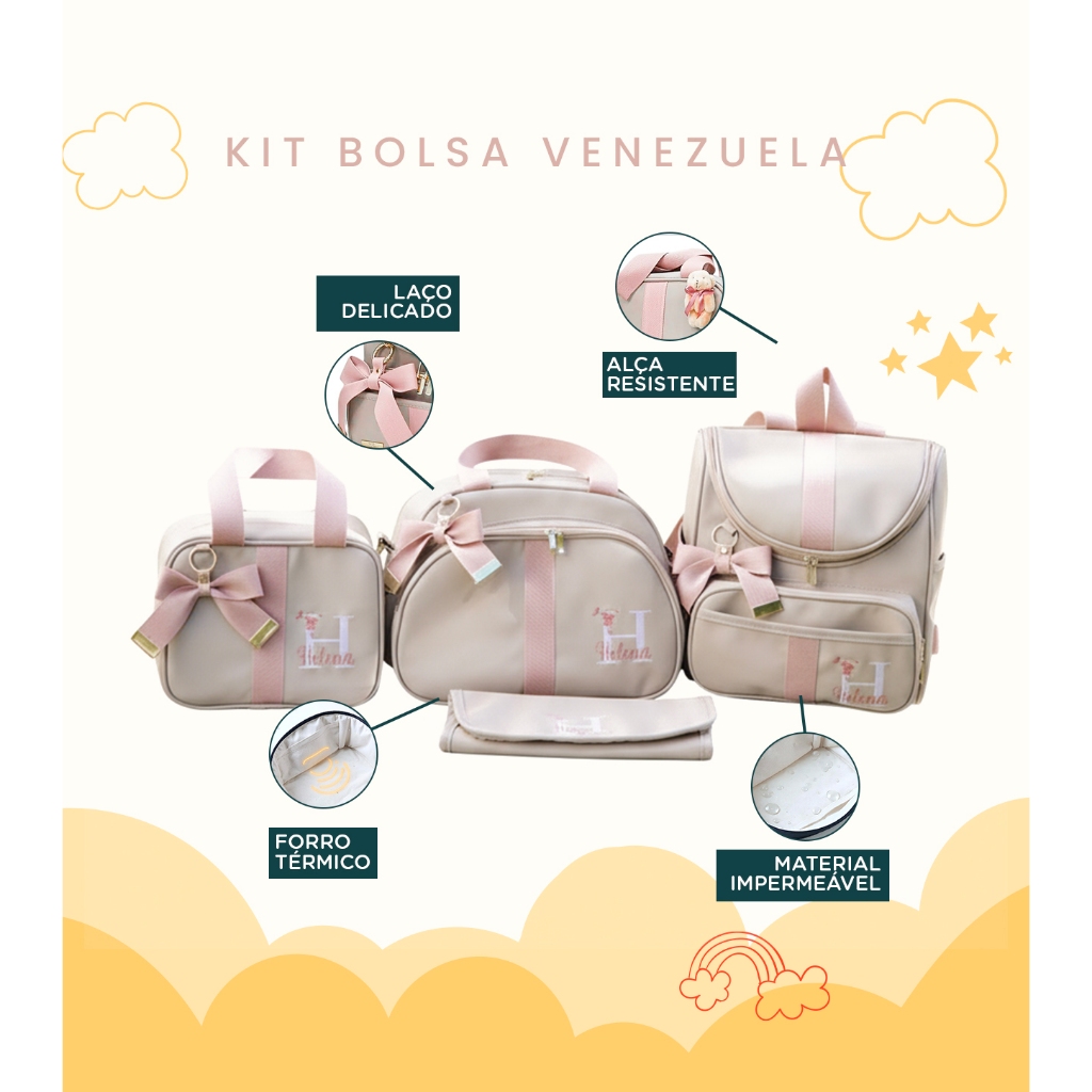 Kit Maternidade 4 Peças Bolsa, Mochila, Frasqueira e Trocador Personalizado - Coleção Venezuela