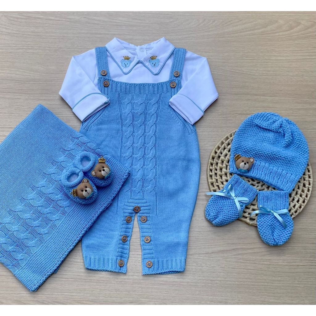 Saída de Maternidade Menino Jardineira Tricot Body Urso AZUL Completa