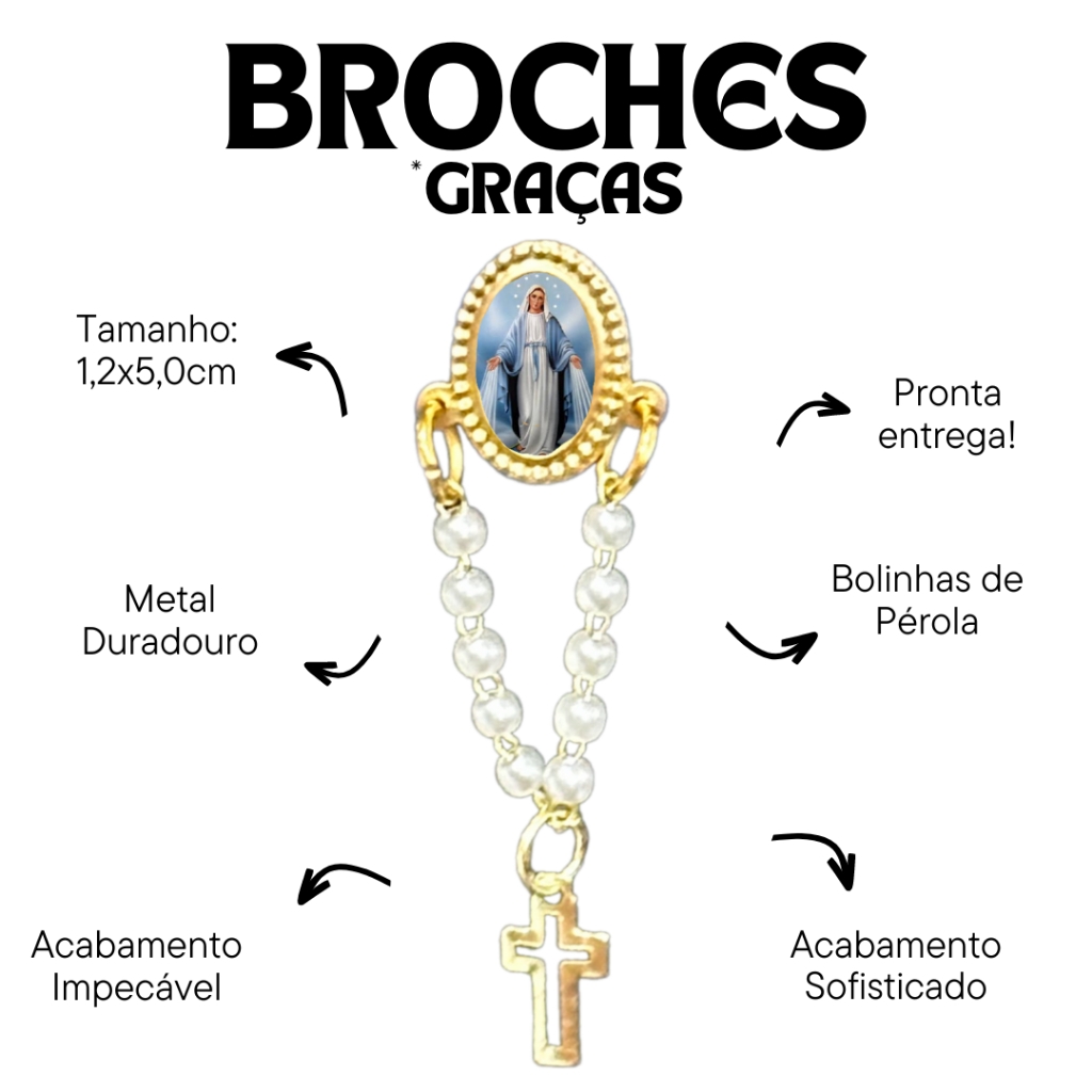12 Broches Nossa Senhora das Graças Oval Com Terço Pérola: Para Quem Valoriza a Tradição e a Fé