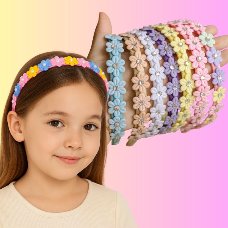 Tiara Infantil de Flores Coloridas com Pérolas | Arco Floral Delicado para Meninas, Festa e Dia a Dia