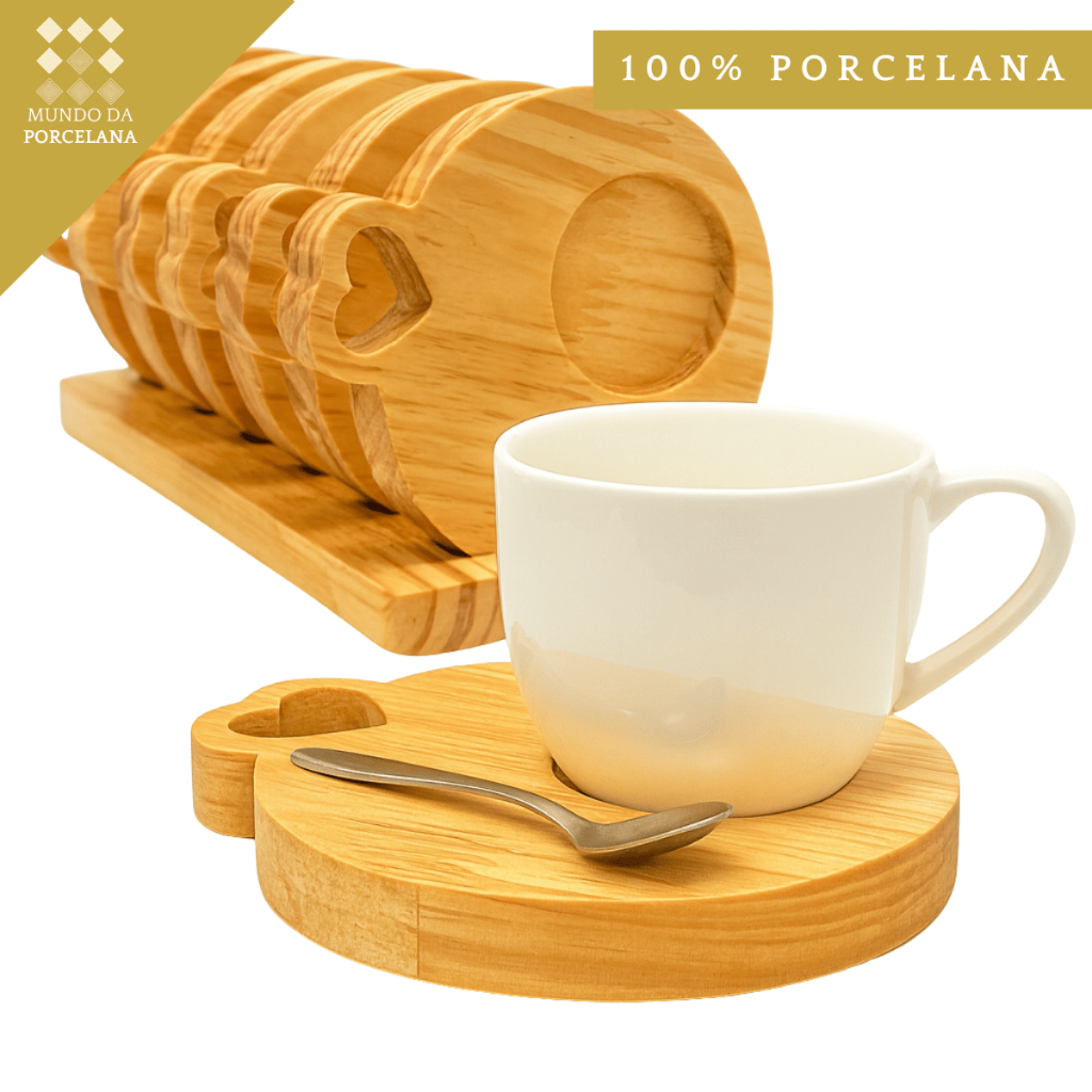 Jogo 6 Xicara Colorida 95ml Porcelana C/kit Souplat Suplat Supla Suspla Sousplat em Madeira