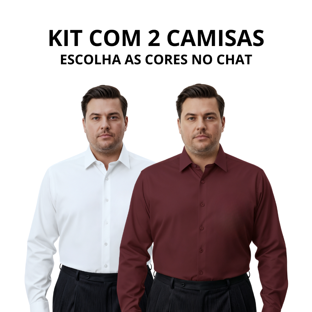 Kit 2 Camisa Social Manga Longa Masculina Slim Lisa Plus Size