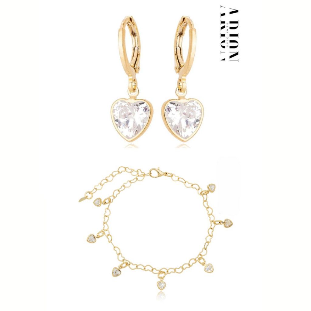 Conjunto Brinco e Pulseira Coração Em Zircônia Banhado A Ouro 18K