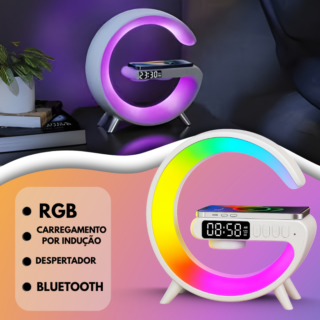 Abajur Luminária Despertador Inteligente com Carregamento por Indução, Luz LED Regulável, Caixa de Som e Bluetooth