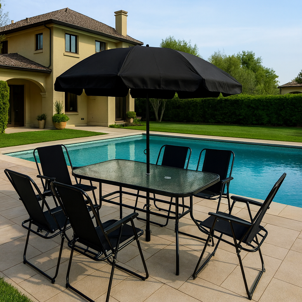 Jogo Conjunto 8 Peças Completo Mesa 6 Cadeiras Guarda-Sol para Jardim e Piscina