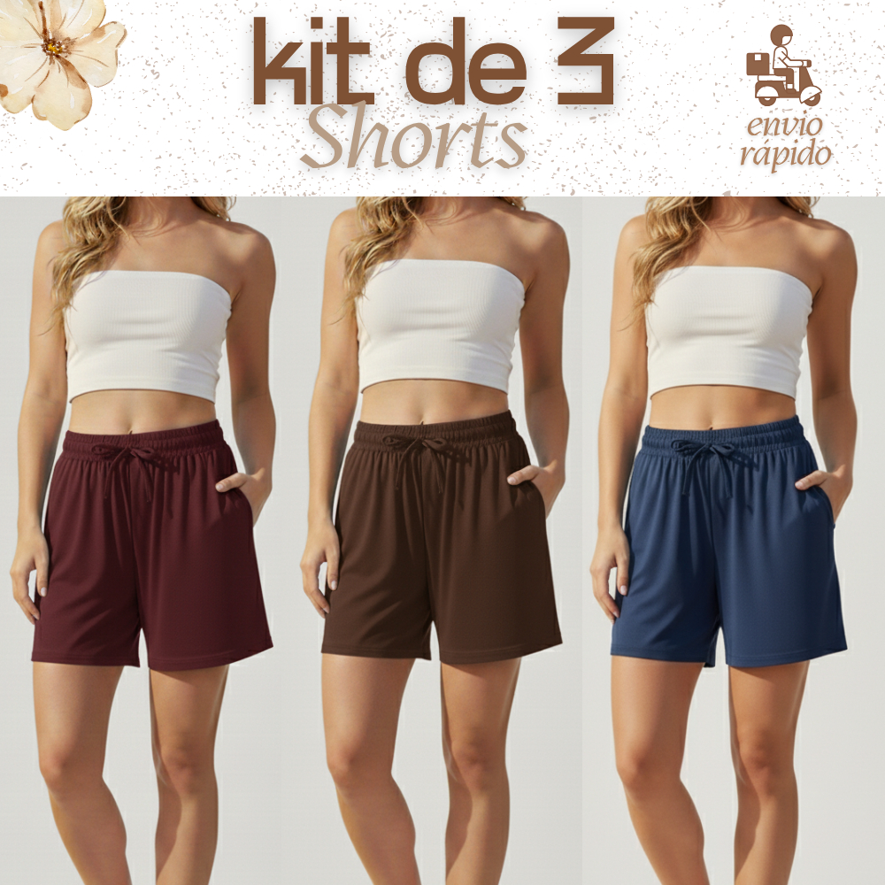 Kit 3 Short Feminino de Verão Viscolycra Leve, Elástico e Bolso Lateral