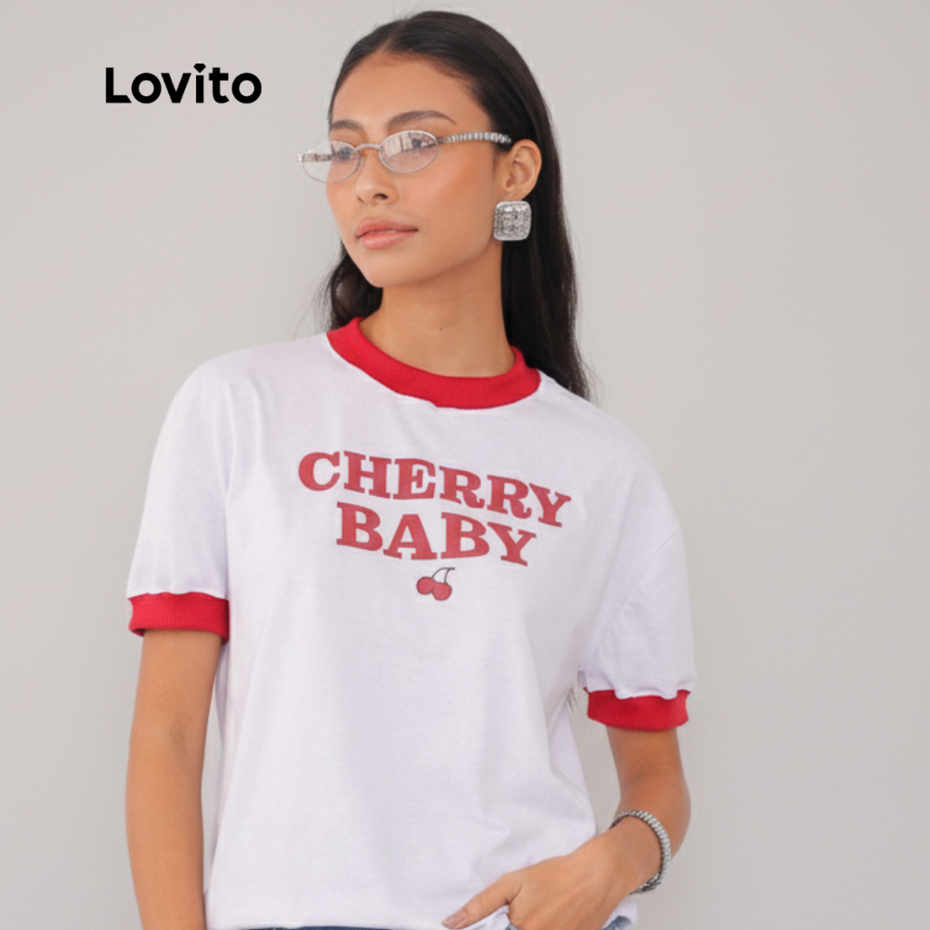 Lovito Camiseta com Gola Cherry Contrastante Fofa Feminina LB843BRL873 em Oferta na Shopee