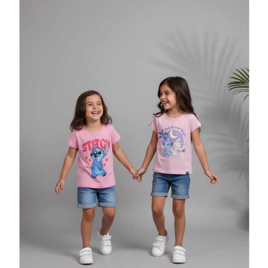 Camiseta Infantil Stitch Rosa Feminina | Roupa Infantil Menina Algodão Confortável e Divertida