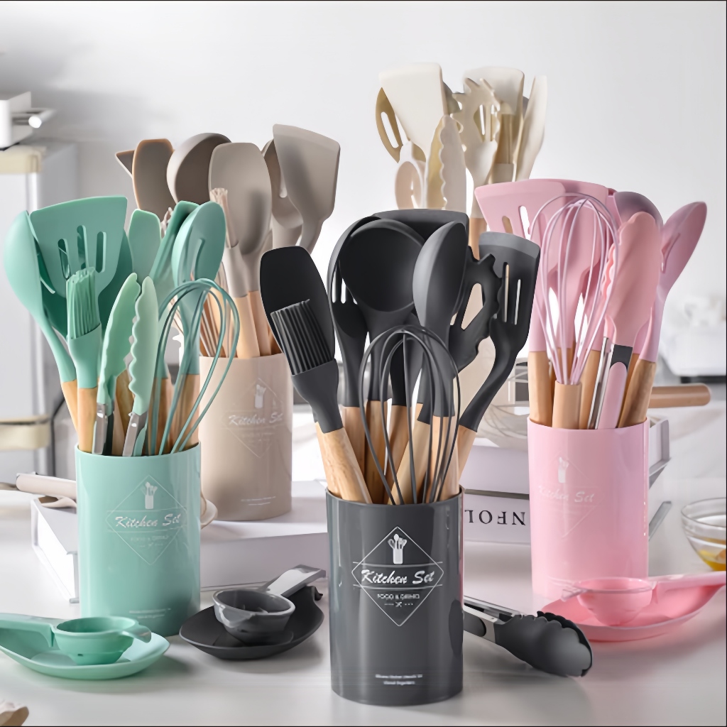 Jogo de Silicone Utensílios e Copo Suporte para Cozinha Cabo de Madeira