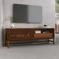 Rack TV 65 Sala 145 cm Contemporâneo Portas de Correr Ripado Madeira Castanho Adamo