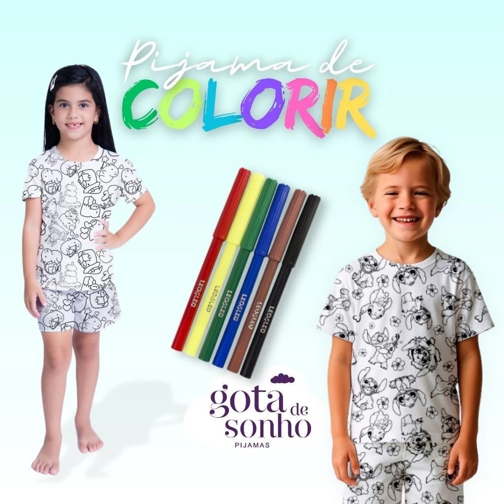 PIJAMA INFANTIL MANGA CURTA COM CANETINHA LAVÁVEL KIT PARA COLORIR DIVERTIDO ESTAMPADO PERSON