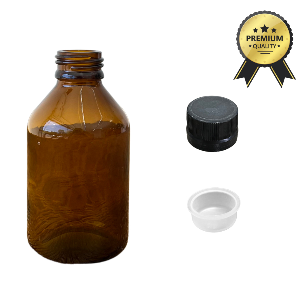 KIT FRASCO DE VIDRO AMBAR 100ML COM TAMPA PRETA E BATOQUE