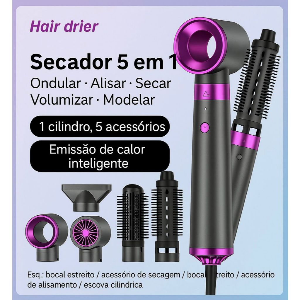 Escova Secadora 5 em 1 Automática Modelador Secador e Alisador Multifuncional 110v 220v
