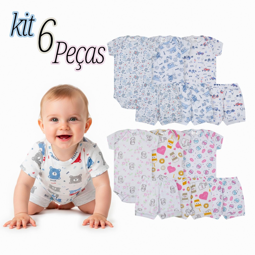 Kit 6 Peças Conjunto Body Bebê Verão Manga Curta Short Roupa Bebe Infantil Escolha Pelo Chat