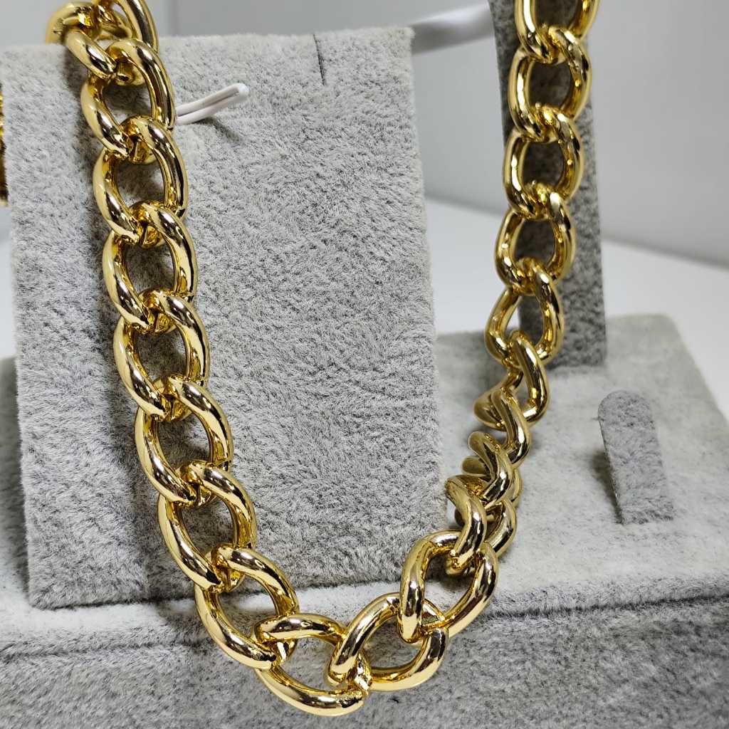 Colar Choker Corrente Grossa Duplo Grumet Feminino Folheado 18k Dourado