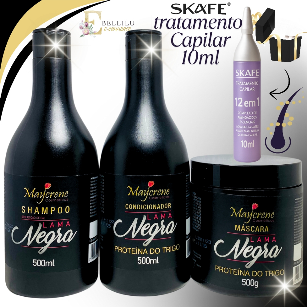 Kit Lama Negra Shampoo+Cond+Máscaras + Ampola Skafe