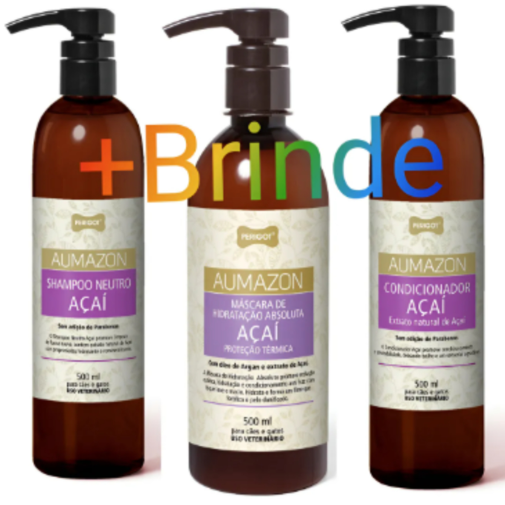 Kit Perigot Shampoo Condicionador Máscara Hidratação Absoluta Aumazon Açaí 500ml - Para Cães e Gato