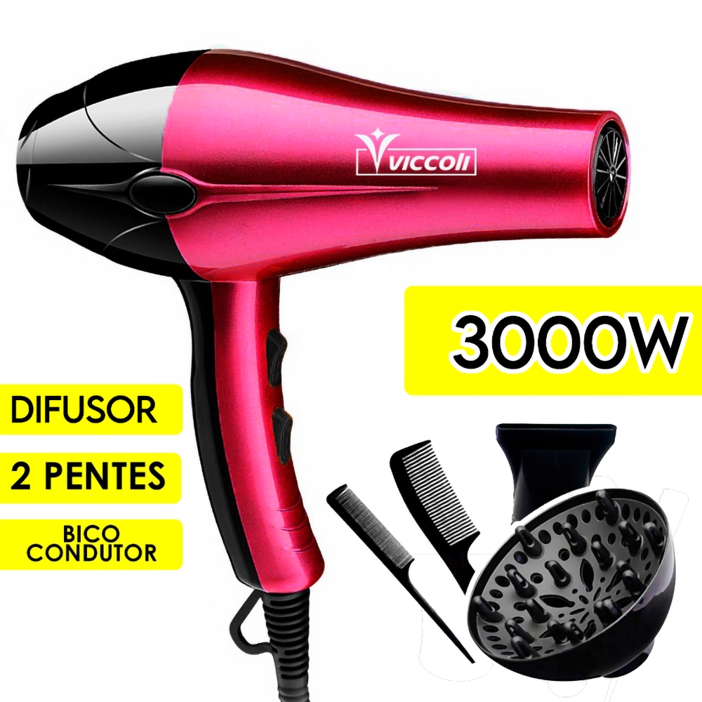 Secador de Cabelo Profissional 3000W Viccoli + Difusor + Bico e 2 Pentes 110V 220V em Oferta na Shopee