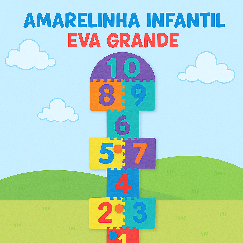 Amarelinha Tapete Infantil Jogo de Eva Premium Brinquedo Pedagógico Diversão Coordenação Motora 11 Peças Completo