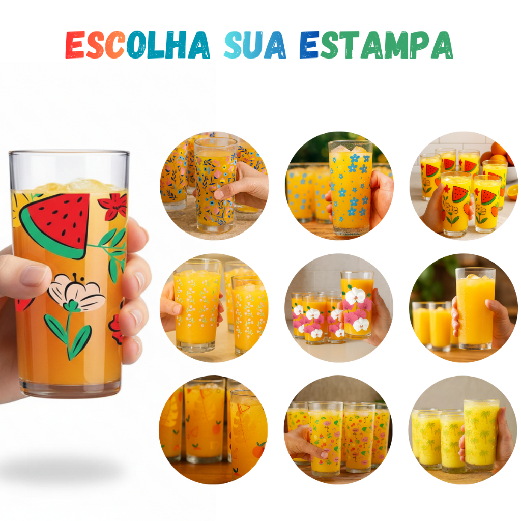 Jogo 6 Copos Long Drink Ruvolo Red Fruits 255Ml Vidro Multiuso Varias Estampas Água Suco e...