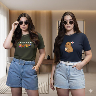 Kit 2 Camisa Camiseta Capivara T-Shirt Feminina Tendência 100% Algodão