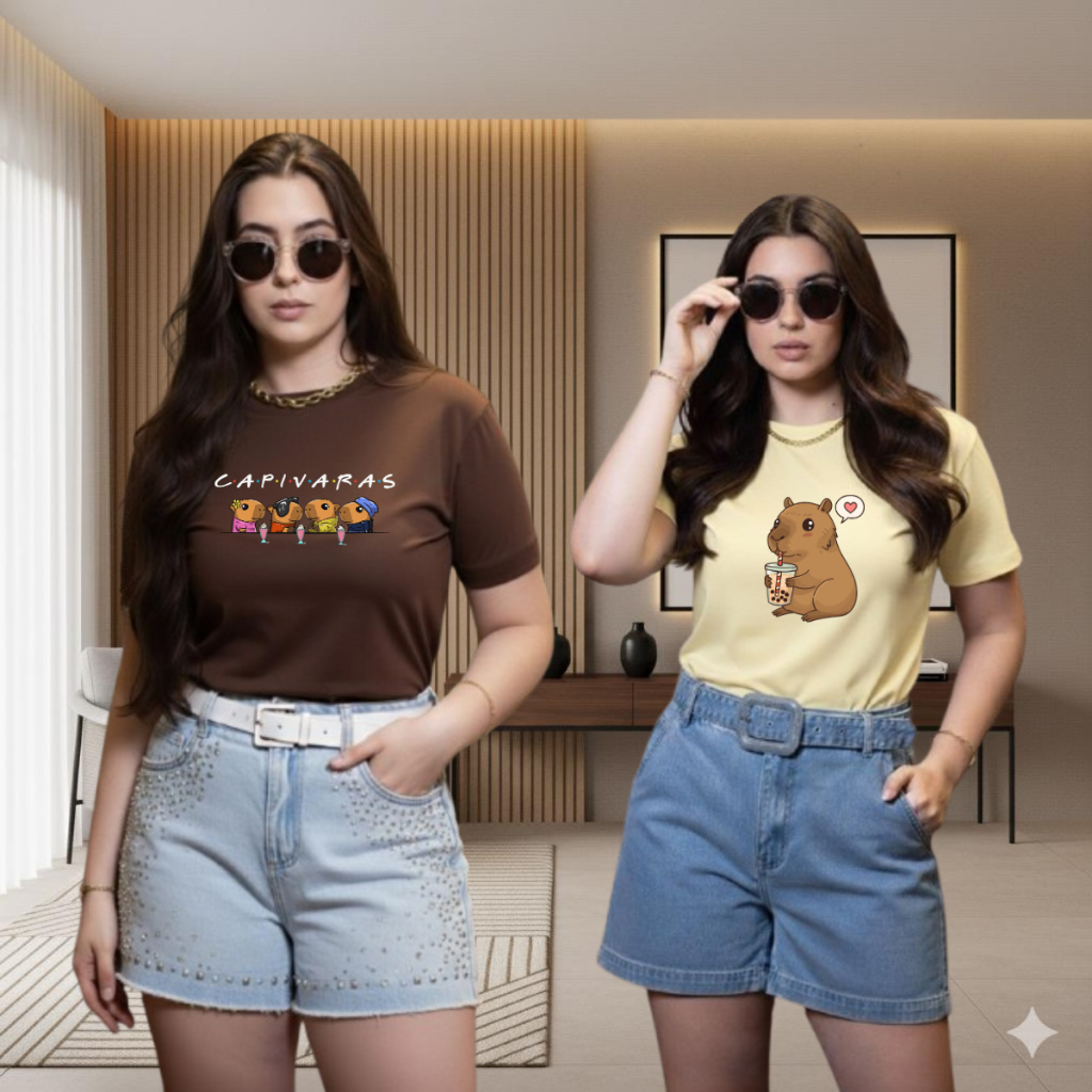 Kit 2 T-Shirt Capivara Estilosa Camisa Camiseta Feminina 100% Algodão Promoção