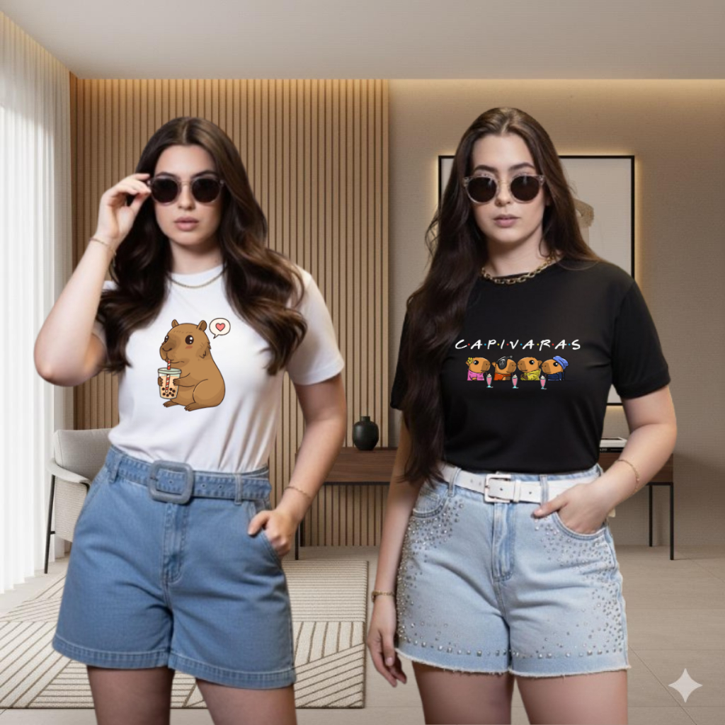 Kit 2 T-Shirt Feminina Estampada 100% Algodão Blusinha Capivara Estilosa Tendência Envio Imediato